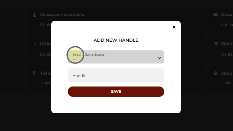 Add New Handle dialog box with Select a Game Source field highlighted