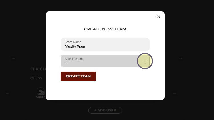 Name your team dialog box with select a game highlighted