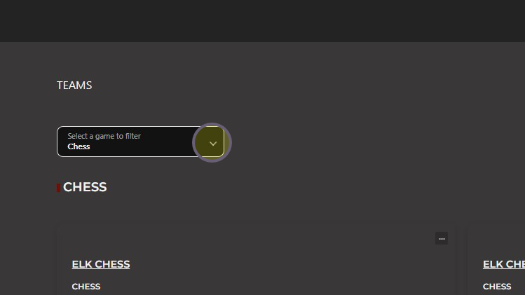 Dropdown menu to select a game to filter the teams section by is highlighted