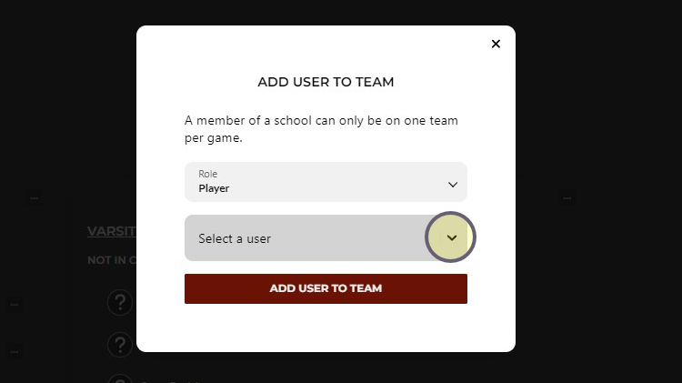 Add user to team dialog box with Select a User drop down menu highlighted