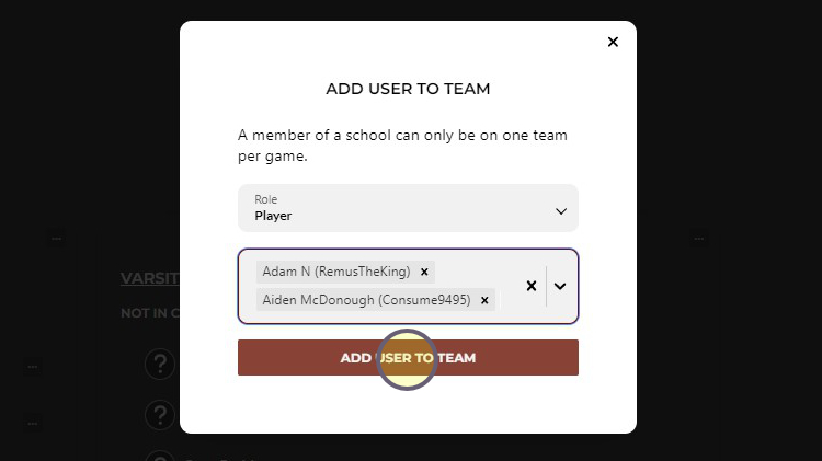 Add user to team dialog box with multiple players names and add user to team button highlighted