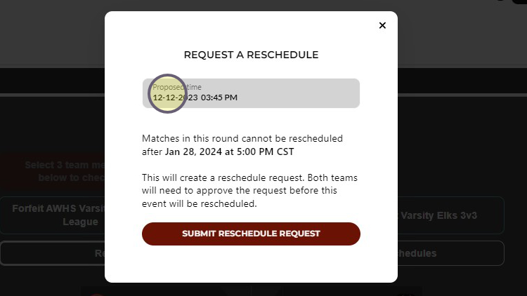 Request a Reschedule dialog with Proposed Time field highlighted