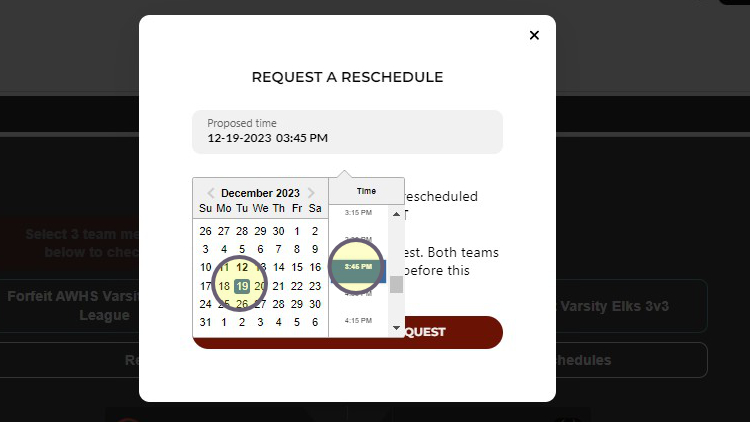 Request a Reschedule dialog with calendar date/time selector open and highlighted