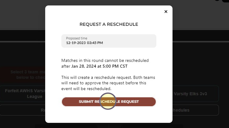 Request a Reschedule dialog with Submit Reschedule Request button highlighted